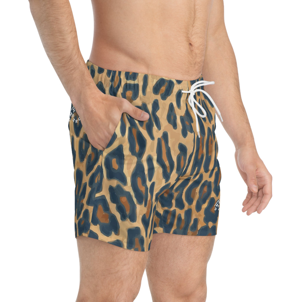 NAVY/SAND LEOPARD SWIM TRUNKS | Printed