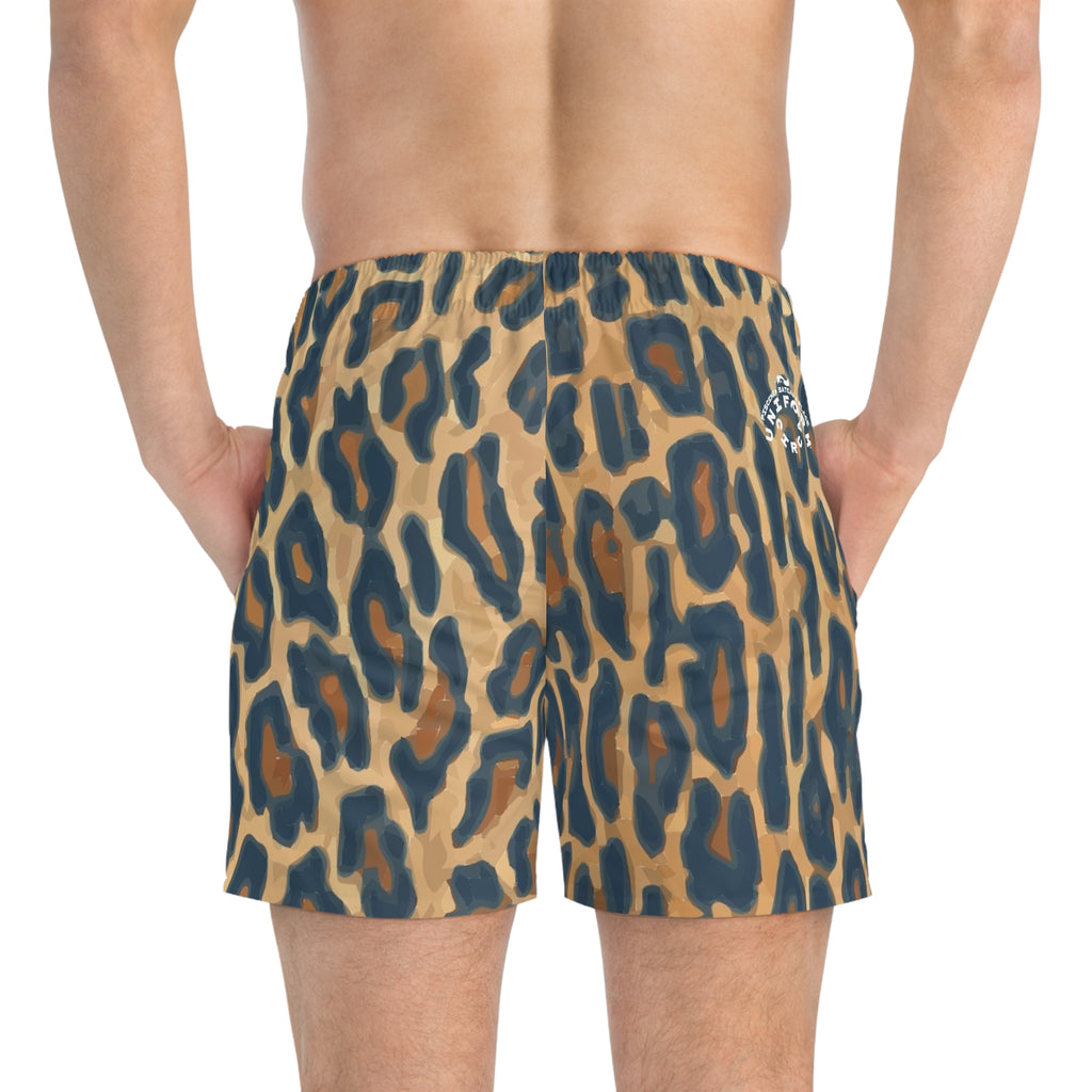 NAVY/SAND LEOPARD SWIM TRUNKS | Printed
