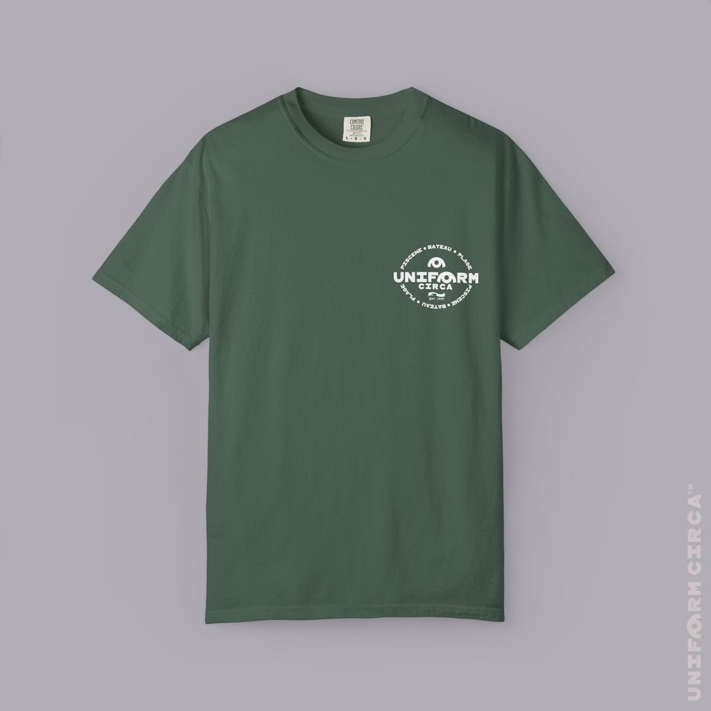 UC AQUA BADGE | WHITE | CREWNECK T-SHIRT | Printed