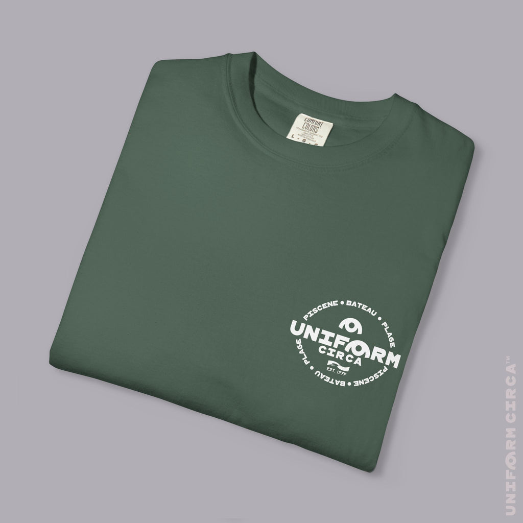 UC AQUA BADGE | WHITE | CREWNECK T-SHIRT | Printed