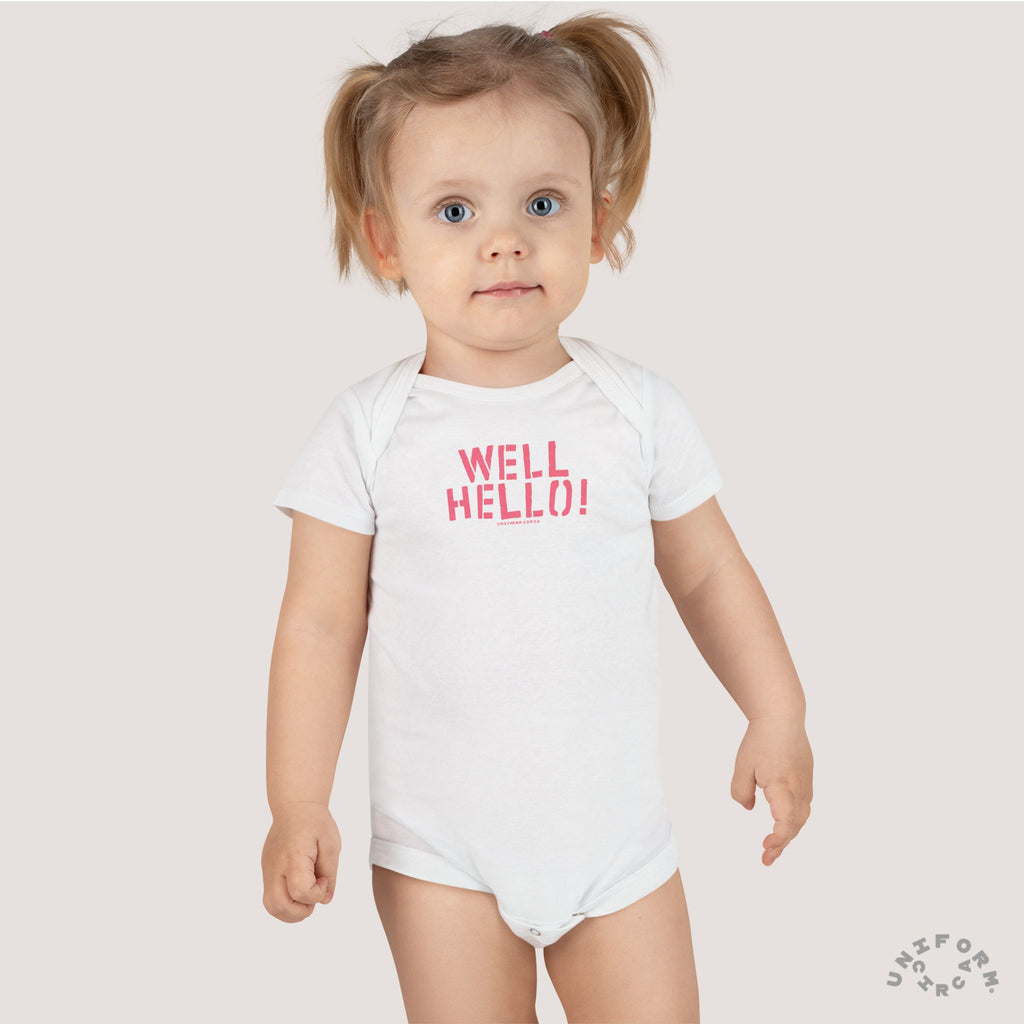 Baby Onesie - 'Well Hello!' Cute Infant Bodysuit for Newborns (Printed Pink)