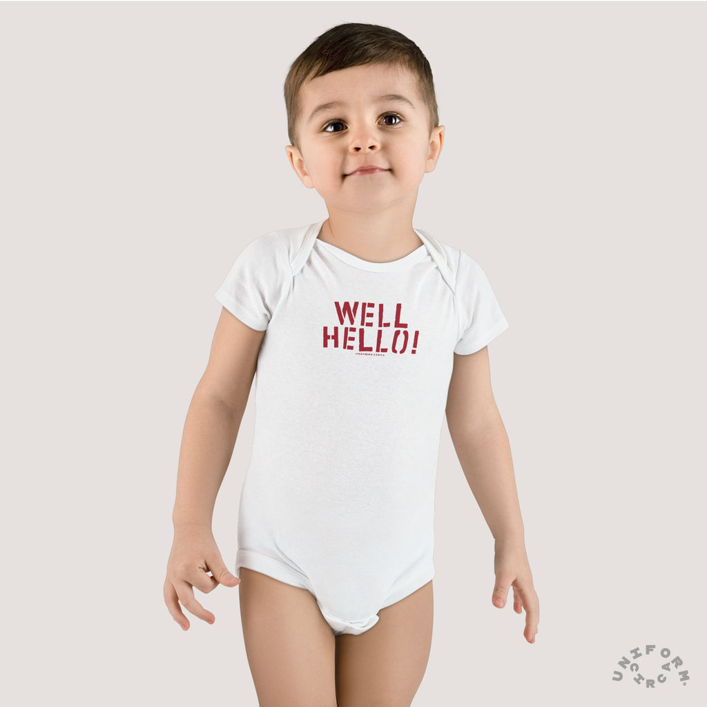 Organic Baby Onesie - 'Well Hello!' Cute Infant Bodysuit for Newborns (Printed Red)