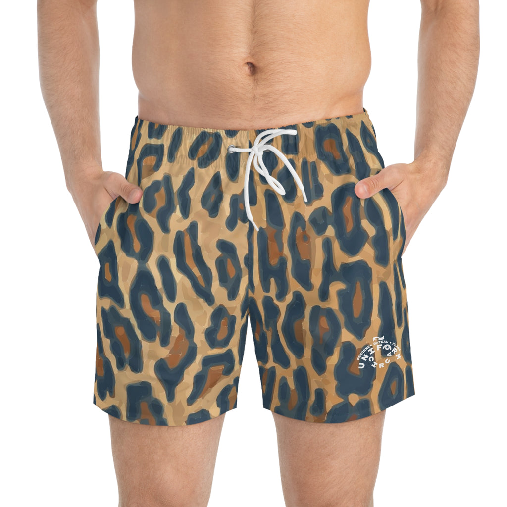 NAVY/SAND LEOPARD SWIM TRUNKS | Printed