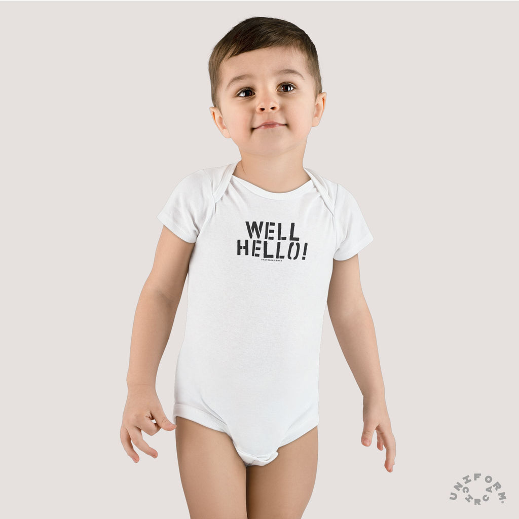 Organic Baby Onesie - 'Well Hello!' Cute Infant Bodysuit for Newborns (Printed Black)