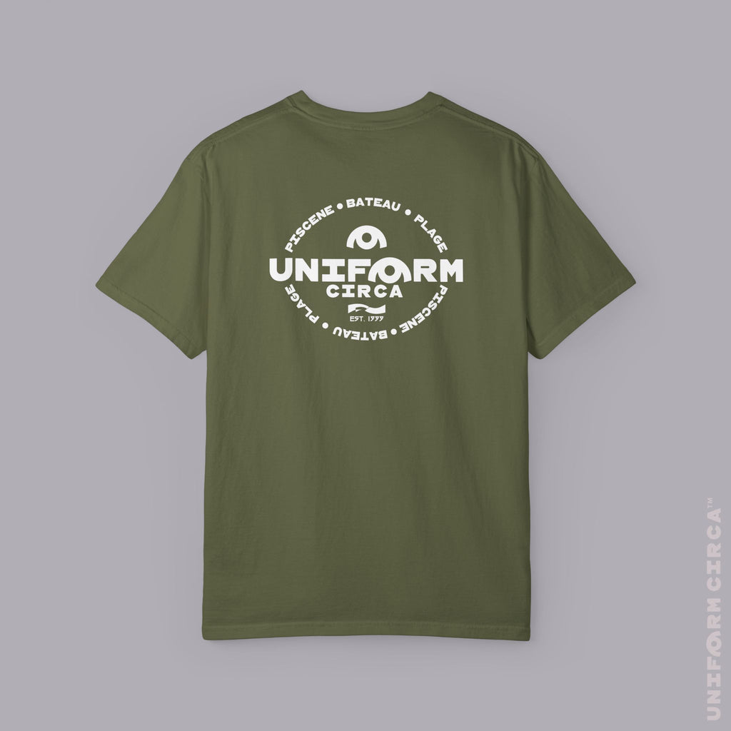 UC AQUA BADGE | WHITE | CREWNECK T-SHIRT | Printed