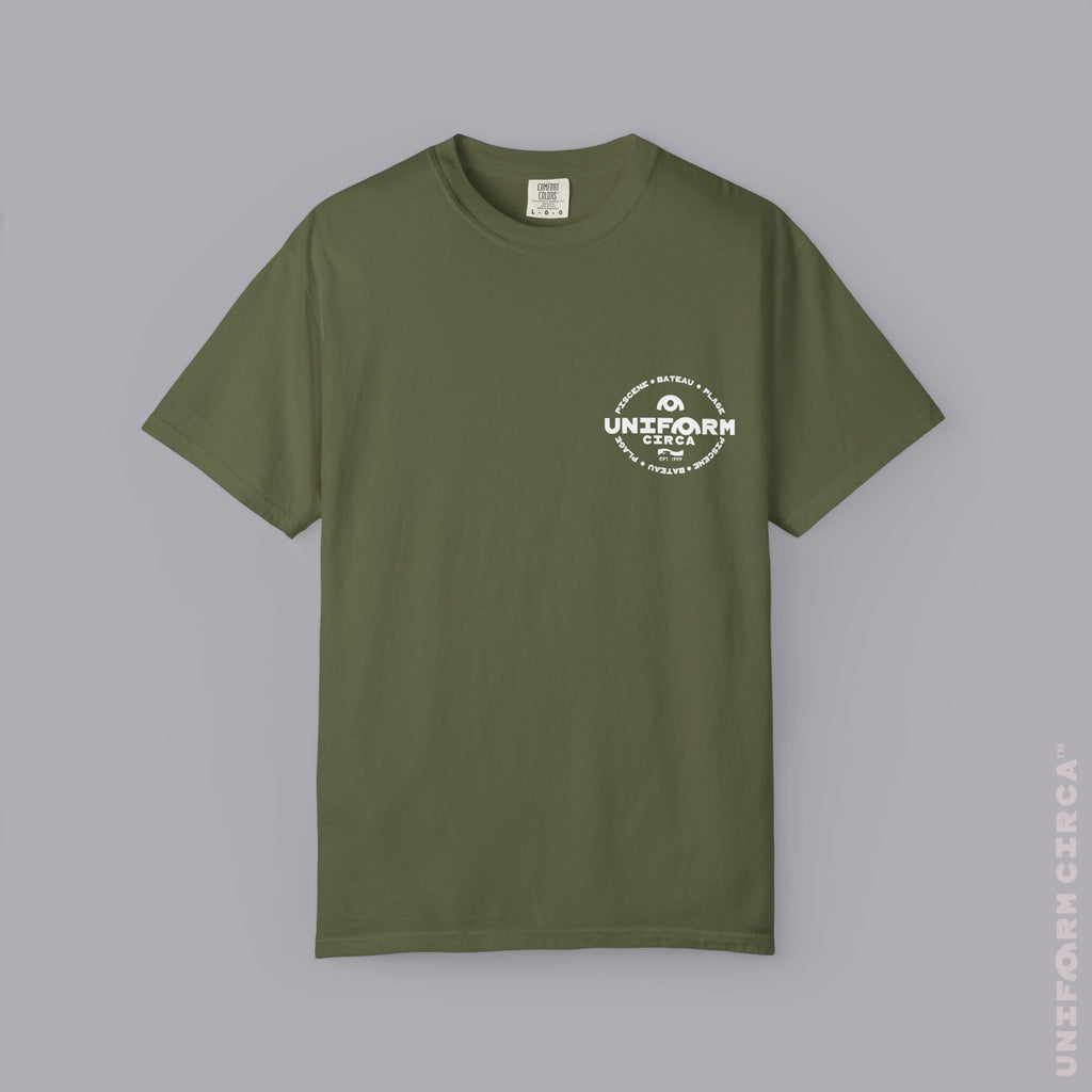 UC AQUA BADGE | WHITE | CREWNECK T-SHIRT | Printed