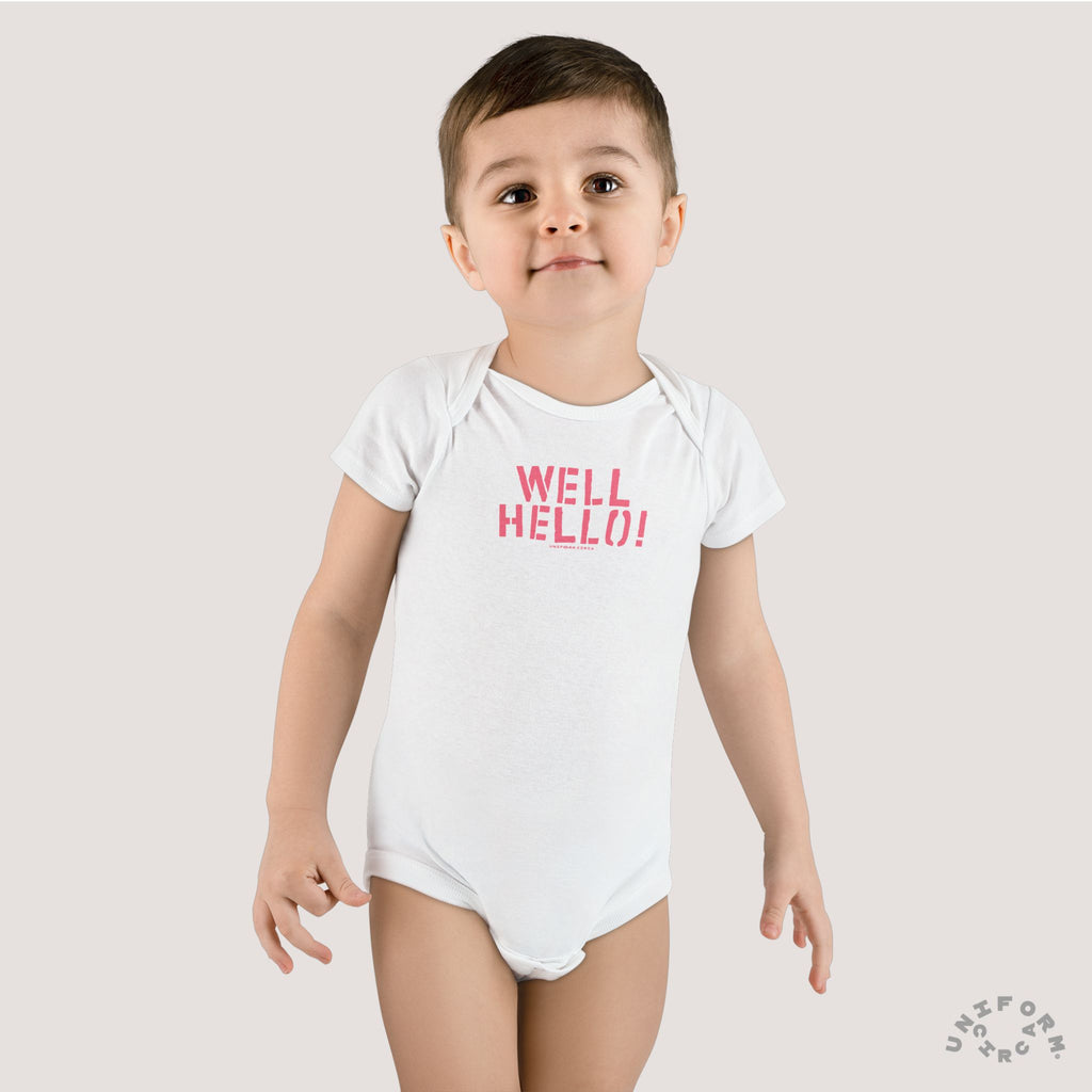 Baby Onesie - 'Well Hello!' Cute Infant Bodysuit for Newborns (Printed Pink)