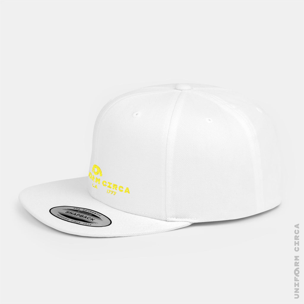 WORDMARK | Stitched Yellow/Gold | Flat Bill Snapback Hat, Trendy Cap for Casual Wear, Streetwear Accessory, Perfect Gift for Friends and Family