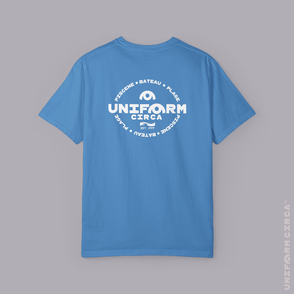 UC AQUA BADGE | WHITE | CREWNECK T-SHIRT | Printed