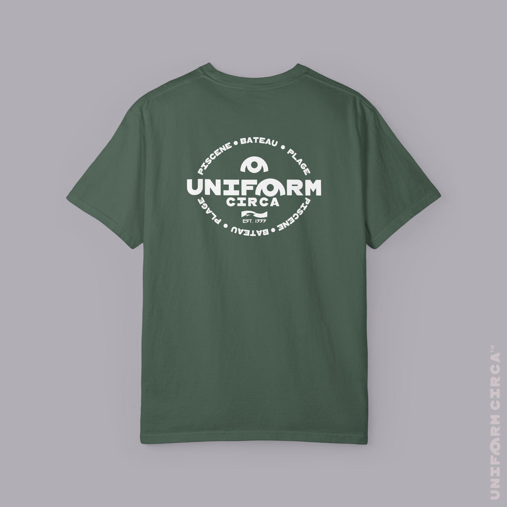 UC AQUA BADGE | WHITE | CREWNECK T-SHIRT | Printed