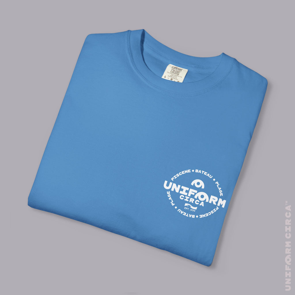 UC AQUA BADGE | WHITE | CREWNECK T-SHIRT | Printed