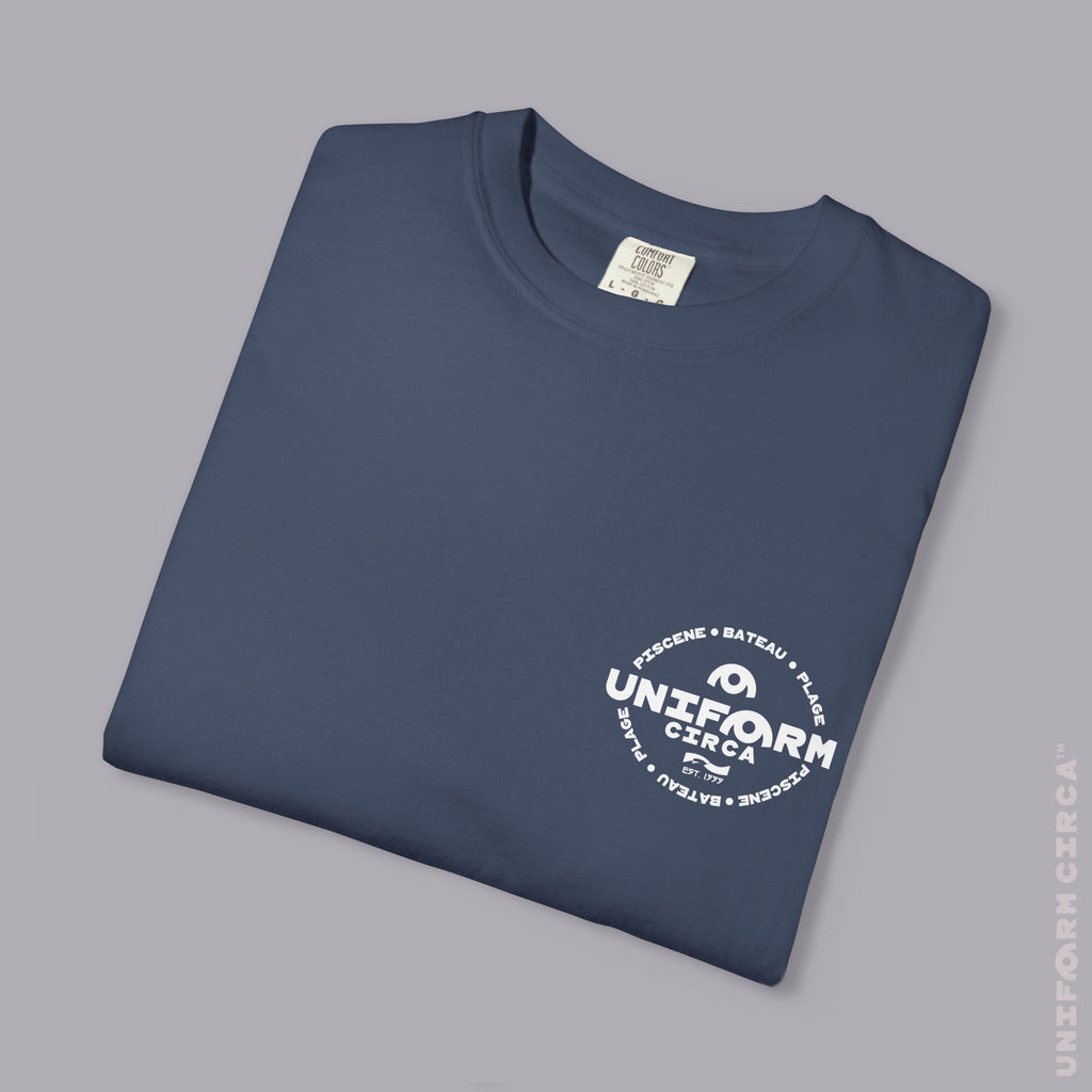 UC AQUA BADGE | WHITE | CREWNECK T-SHIRT | Printed