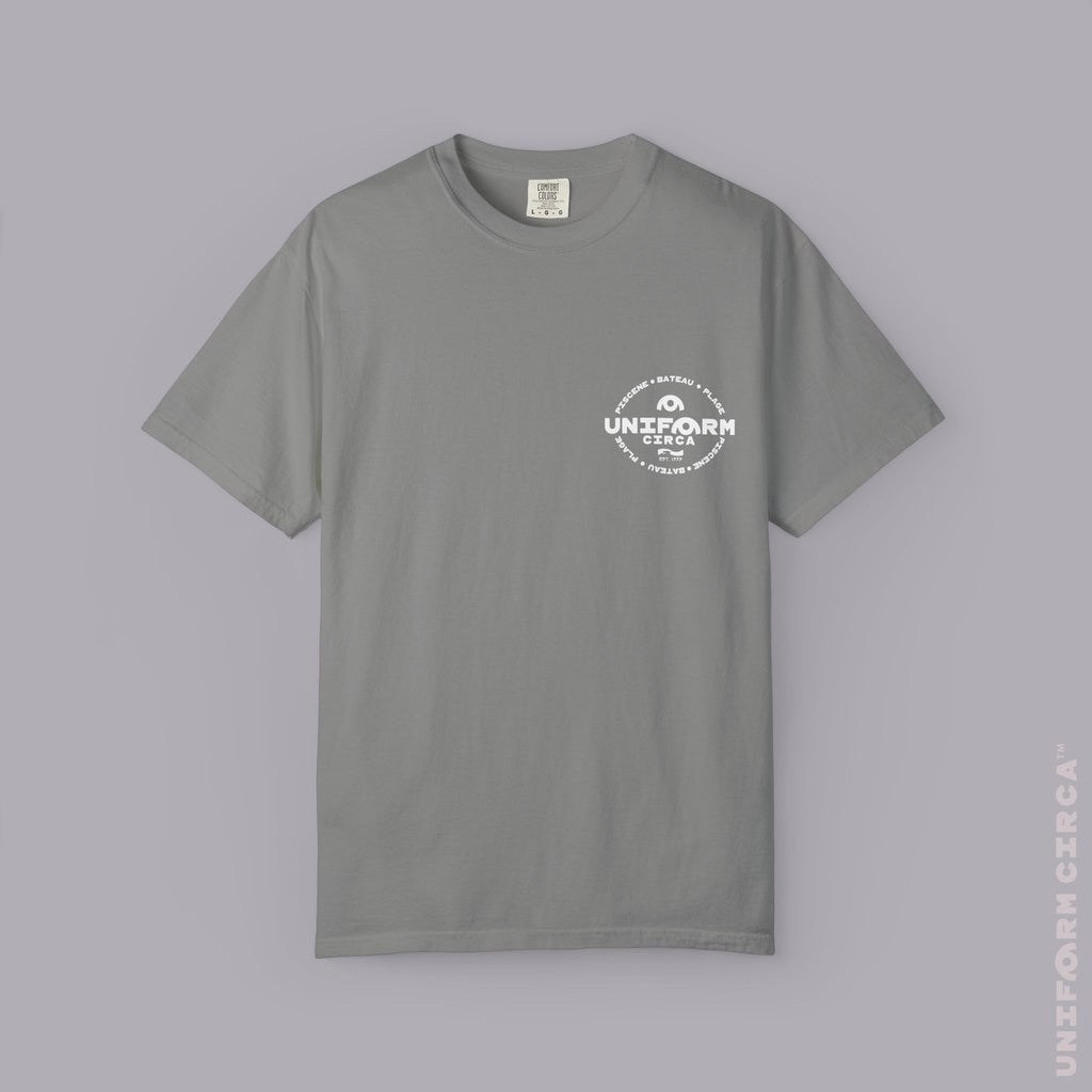 UC AQUA BADGE | WHITE | CREWNECK T-SHIRT | Printed