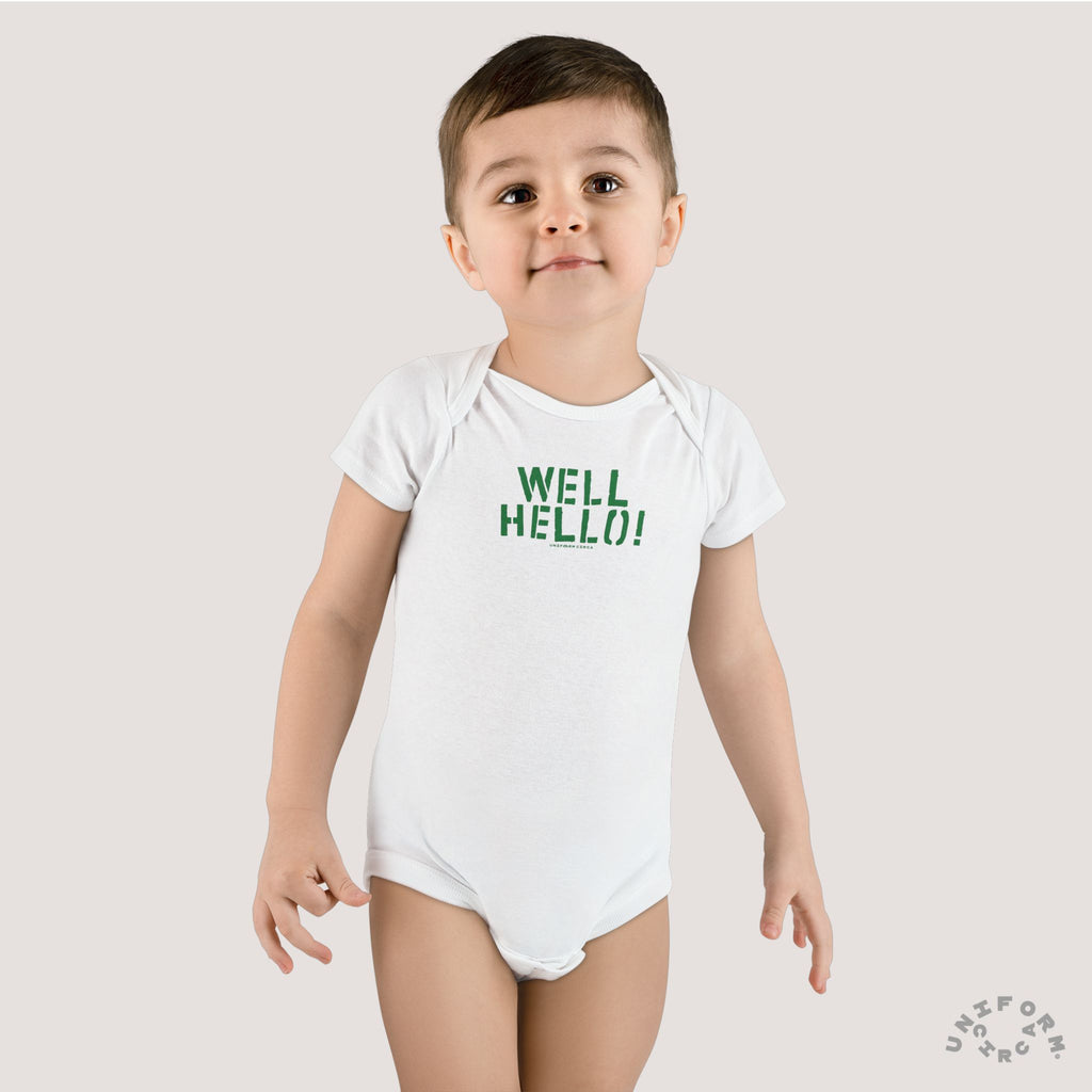 Organic Baby Onesie - 'Well Hello!' Cute Infant Bodysuit for Newborns (Printed Green)