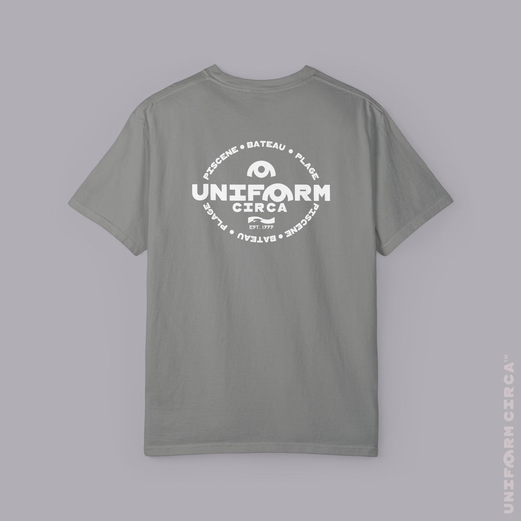 UC AQUA BADGE | WHITE | CREWNECK T-SHIRT | Printed