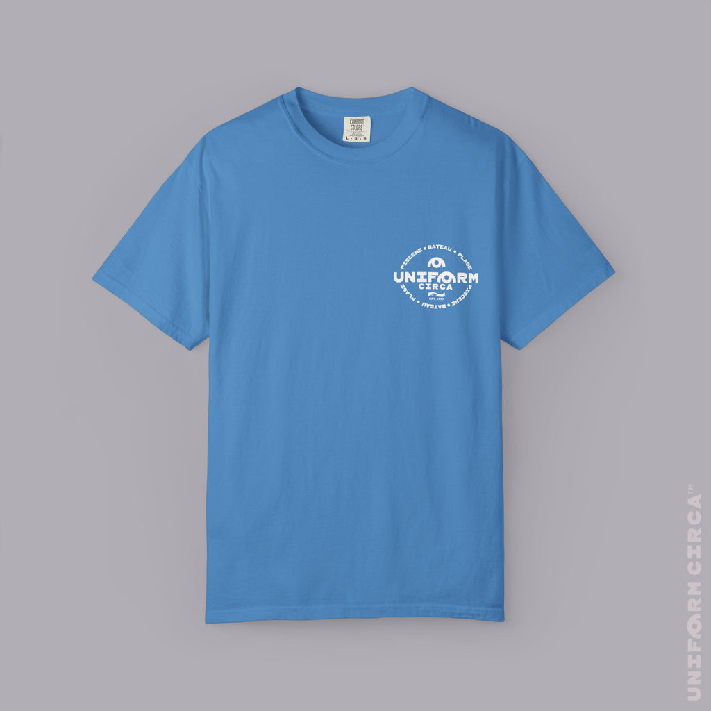 UC AQUA BADGE | WHITE | CREWNECK T-SHIRT | Printed