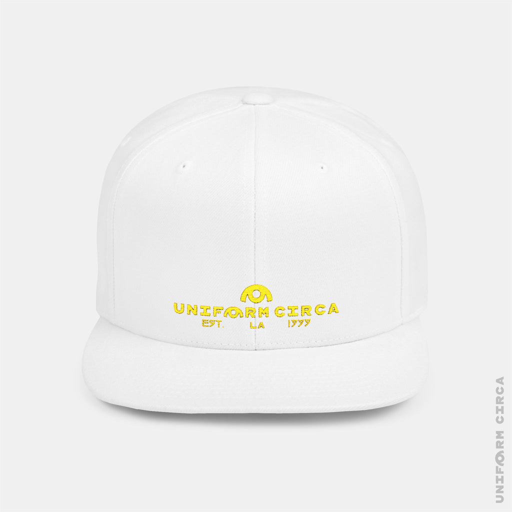 WORDMARK | Stitched Yellow/Gold | Flat Bill Snapback Hat, Trendy Cap for Casual Wear, Streetwear Accessory, Perfect Gift for Friends and Family