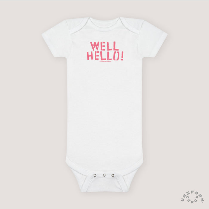 Baby Onesie - 'Well Hello!' Cute Infant Bodysuit for Newborns (Printed Pink)