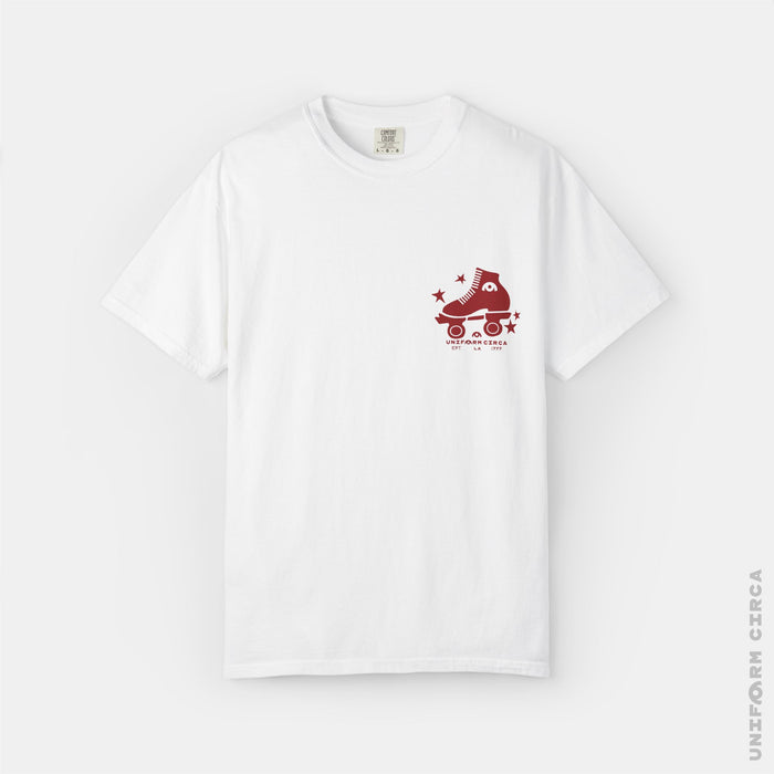 ROLLER SKATE BADGE - Crewneck T-Shirt | 100% Cotton | Designed & Printed in California _ UNIFORM CIRCA_Printed Red