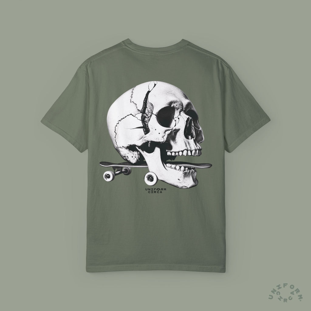 SKULL & BOARDS CREWNECK T-SHIRT | Printed Unisex Garment-Dyed Graphic Tee