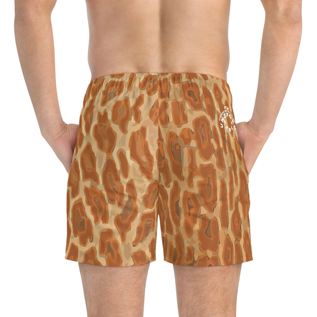 RUST/TAN LEOPARD SWIM TRUNKS | Printed