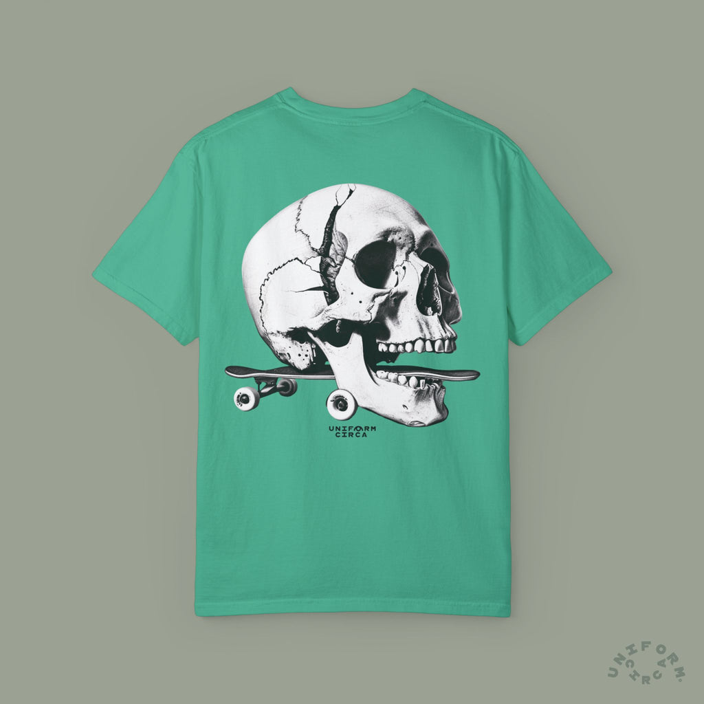SKULL & BOARDS CREWNECK T-SHIRT | Printed Unisex Garment-Dyed Graphic Tee
