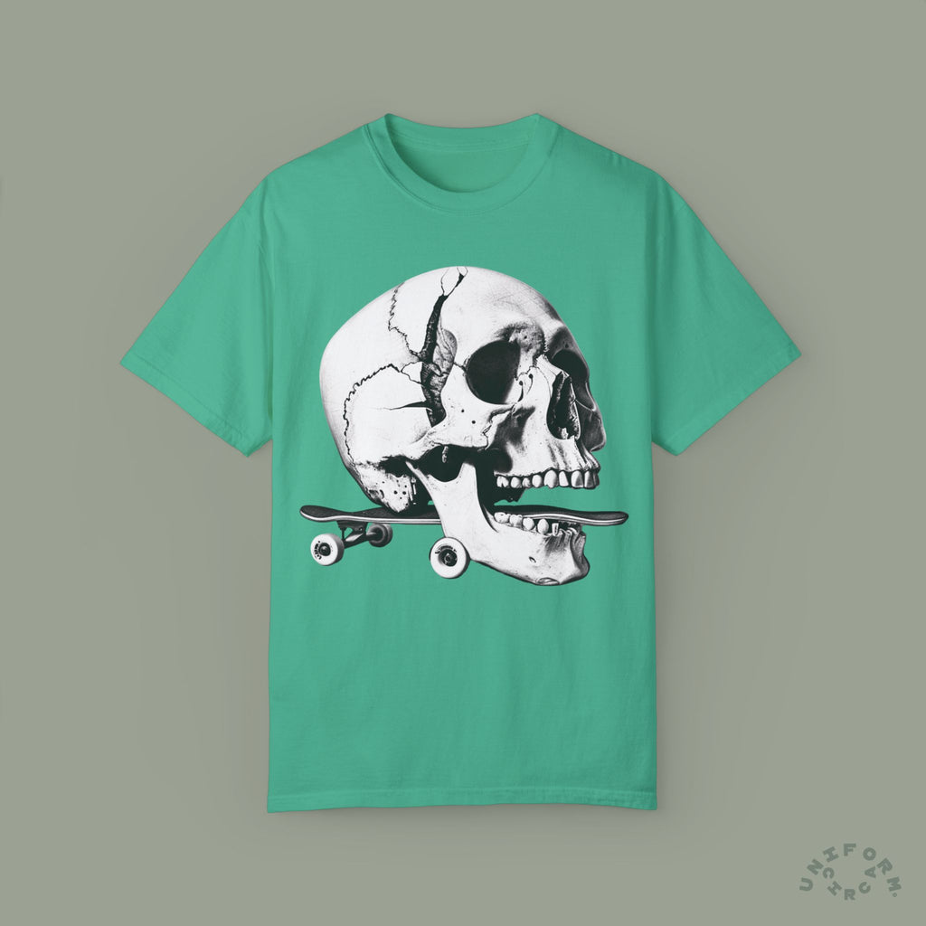 SKULL & BOARDS CREWNECK T-SHIRT | Printed Unisex Garment-Dyed Graphic Tee