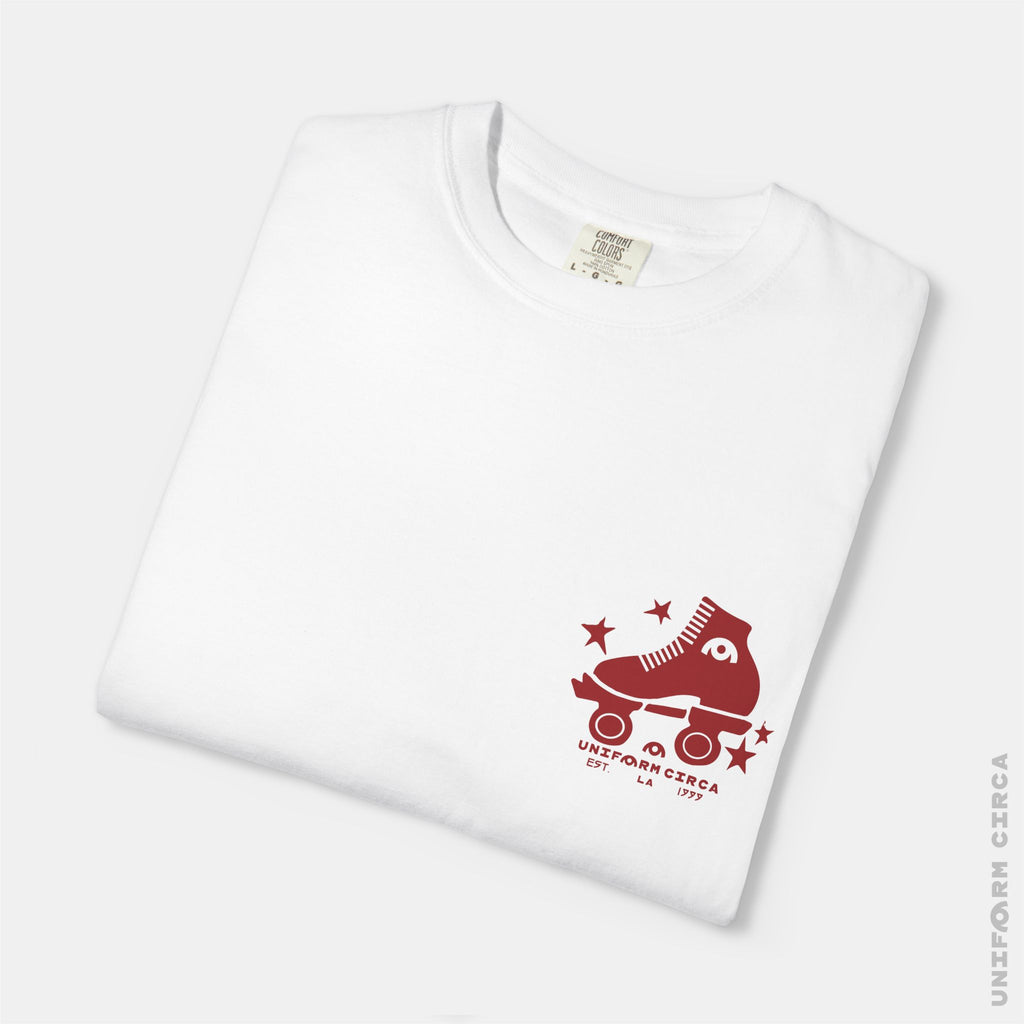 ROLLER SKATE BADGE - Crewneck T-Shirt | 100% Cotton | Designed & Printed in California _ UNIFORM CIRCA_Printed Red