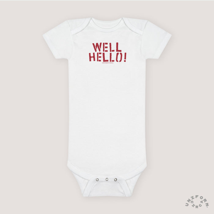 Organic Baby Onesie - 'Well Hello!' Cute Infant Bodysuit for Newborns (Printed Red)