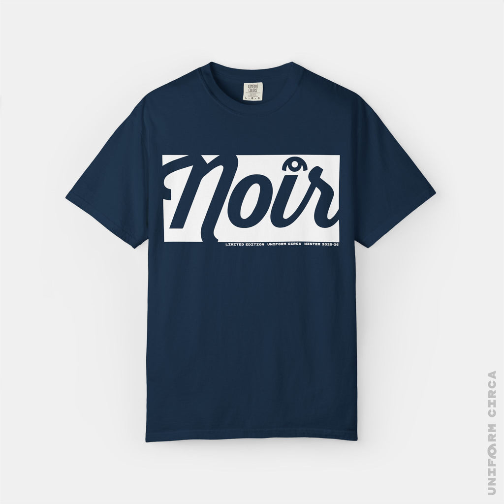 NOIR | DARK OF NIGHT MONO BADGE - Crewneck T-Shirt | 100% Cotton | Designed & Printed in California _ UNIFORM CIRCA _ White