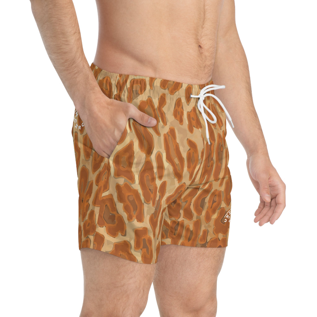RUST/TAN LEOPARD SWIM TRUNKS | Printed