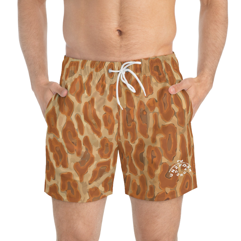 RUST/TAN LEOPARD SWIM TRUNKS | Printed