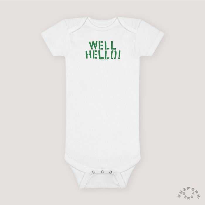 Organic Baby Onesie - 'Well Hello!' Cute Infant Bodysuit for Newborns (Printed Green)