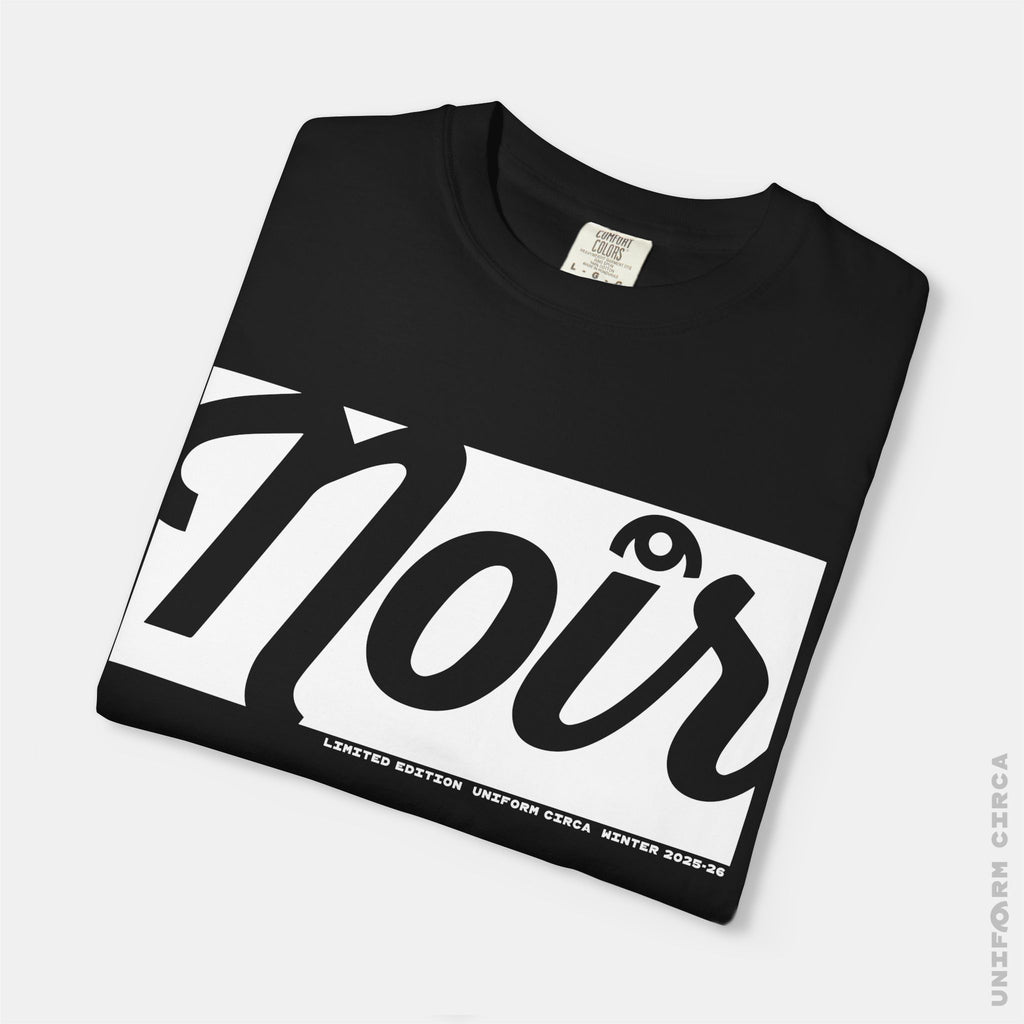 NOIR | DARK OF NIGHT MONO BADGE - Crewneck T-Shirt | 100% Cotton | Designed & Printed in California _ UNIFORM CIRCA _ White