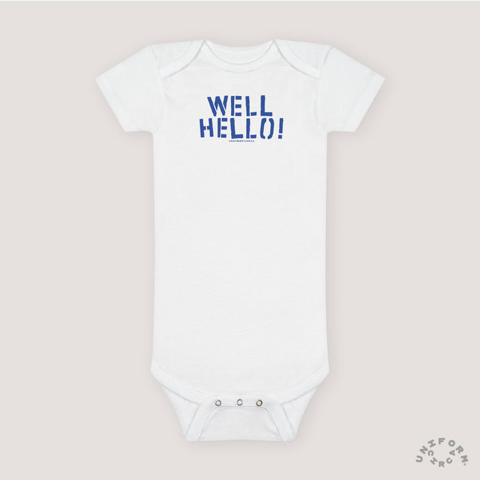 Organic Baby Onesie - 'Well Hello!' Cute Infant Bodysuit for Newborns (Printed Blue)
