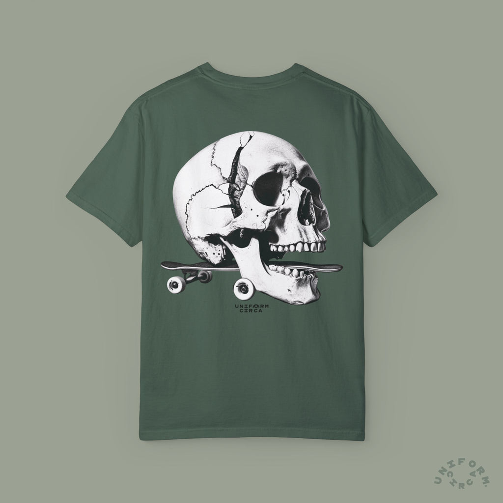 SKULL & BOARDS CREWNECK T-SHIRT | Printed Unisex Garment-Dyed Graphic Tee