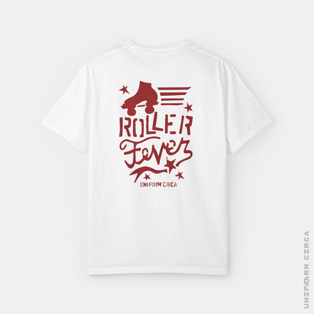 ROLLER SKATE BADGE - Crewneck T-Shirt | 100% Cotton | Designed & Printed in California _ UNIFORM CIRCA_Printed Red